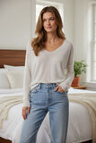 V-Neck Sweater | Open Knit Stitch Sheer Front | Tencil - Cashmere Blend Knit white