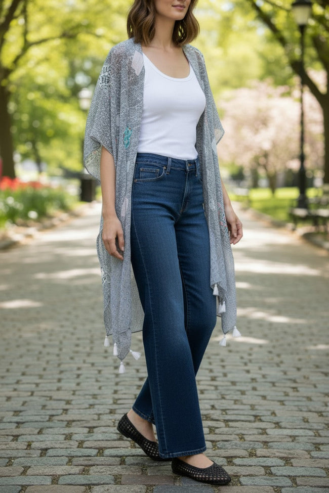 Veil of Time Grey & Multi Color Print Maxi Kimono Coverup