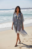 Veil of Time Print Grey-White with Multi Color Fringe Edge Bottom Kaftan Coverup