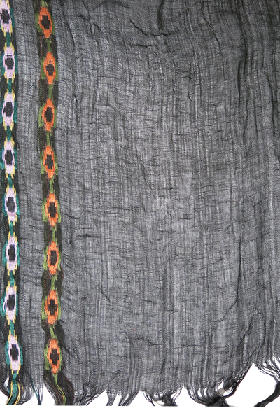 Aztec Novelty Stitch Jacquard Linen-Cotton Scarf Wrap with Fringe