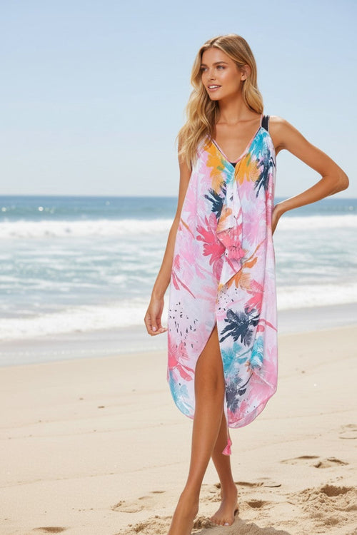 Washed Ashore Print Bright Print - Maxi Halter Sundress Coverup