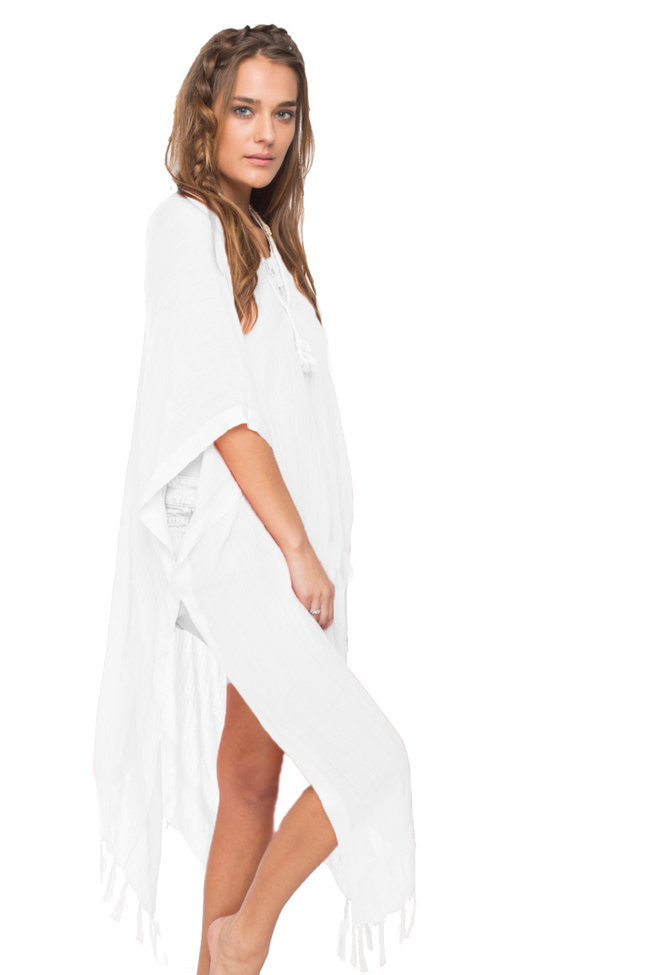 Washed Lightweight Linen-Rayon Blend Coverup Kaftan whitelinenkaftanwithmetallictrim-SIDE