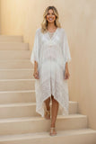 White with Metallic Print Sheer Braided Kaftan Cover Up MOOD FRONT