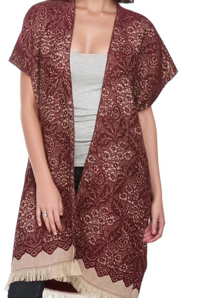 Winter Lace Hand Loomed Jacquard Blanket Winter Kimono grey white side merlot tan