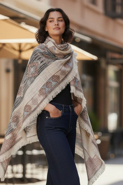Winter Print Scarf Wrap in Oregon Trail Natural Tan Navajo Print 2