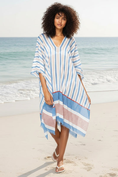 Wonderwall Stripe Border Print Sky Blue V-Neck Kaftan Sundress Cover-Up