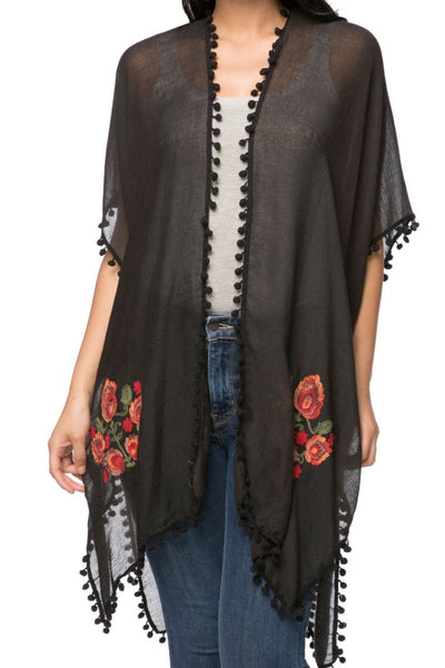 Woodstock Embroidered Sheer Coverup Kimono with Mini Pom Pom black with multi embroidery 2