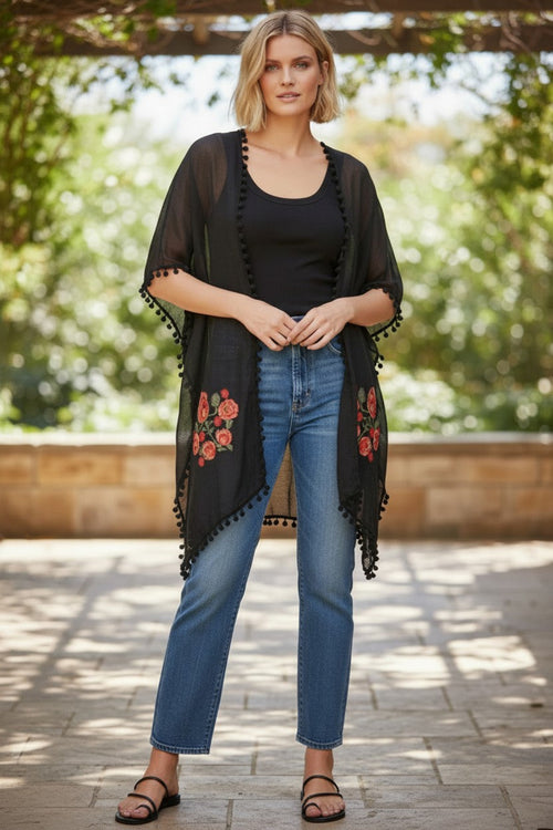 Woodstock Embroidered Sheer Coverup Kimono with Mini Pom Pom black with multi embroidery
