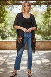 Woodstock Embroidered Sheer Coverup Kimono with Mini Pom Pom black with multi embroidery