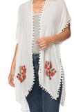 Woodstock Embroidered Sheer Coverup Kimono with Mini Pom Pom white with multi embroidery 2