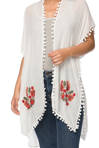 Woodstock Embroidered Sheer Coverup Kimono with Mini Pom Pom white with multi embroidery 2