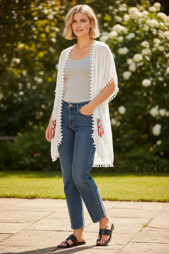 Woodstock Embroidered Sheer Coverup Kimono with Mini Pom Pom white with multi embroidery 5