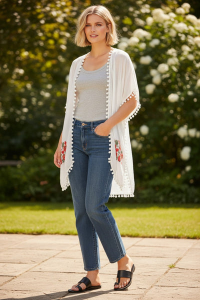 Woodstock Embroidered Sheer Coverup Kimono with Mini Pom Pom white with multi embroidery 5