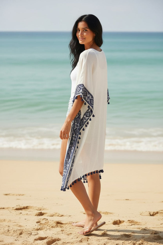 Woven Wander Luxury Cotton Border Kimono Coverup dark navy borer 2