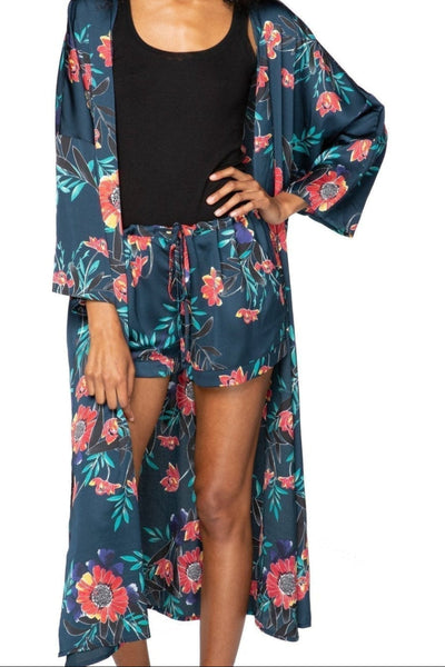 Wrap Robe Kimono Coverup in Summer Bloom Print Teal Blue