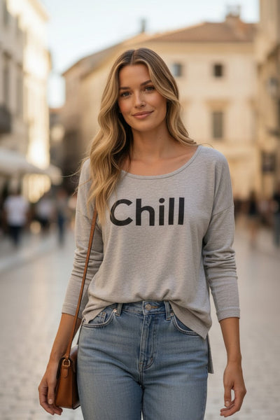 Zen Blend Crewneck Sweater with Stitched Embroidery Words Chill light Grey