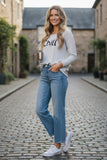 Zen Blend Crewneck Sweater with Stitched Embroidery Words chill light blue