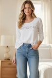 Zen Blend Crewneck Sweater with Stitched Embroidery Words grace white