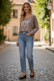 Zen Blend Crewneck Sweater with Stitched Embroidery Words joy root brown color