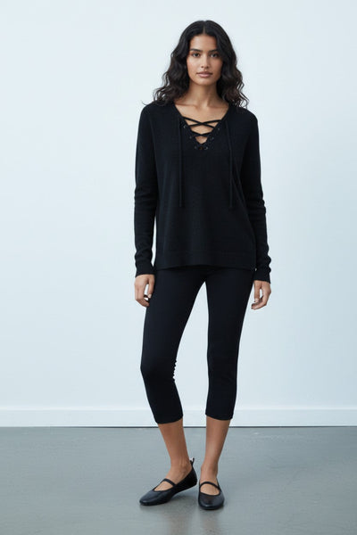 Zen Blend Emily Lace Up Braideed Cord Trim Pullover Sweater BLACK