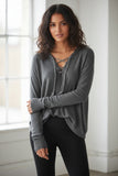 Zen Blend Emily Lace Up Braideed Cord Trim Pullover Sweater CHARCOAL GREY