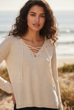 Zen Blend Emily Lace Up Braideed Cord Trim Pullover Sweater OATMEAL