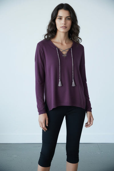 Zen Blend Emily Lace Up Braideed Cord Trim Pullover Sweater PURPLE BOYNBERRY