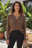 Zen Blend Emily Lace Up Braideed Cord Trim Pullover Sweater cocobrown