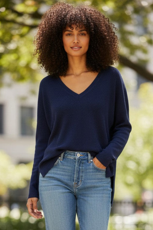 Zen Blend Emma Textured Loose Rib Knit  V-neck Pullover Sweater sailor navy blue