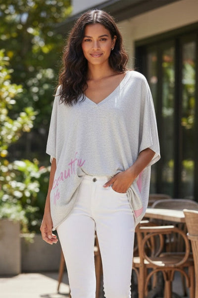 Zen Blend Luisa V-Neck Embroidery Stitch Sweater Knit Poncho- lt grey with lavender