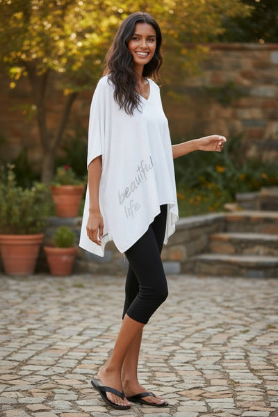 Zen Blend Luisa V-Neck Embroidery Stitch Sweater Knit Poncho white with grey 2