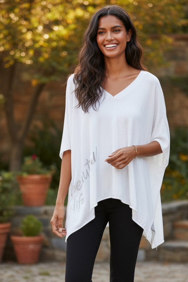 Zen Blend Luisa V-Neck Embroidery Stitch Sweater Knit Poncho white with grey