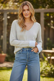 Zen Blend Sophia Cuffed V-neck Pullover Soft and Cozy Sweater surf grey and blue accent