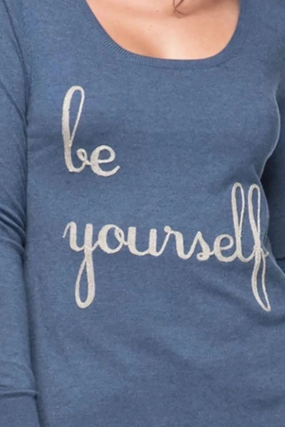 Zen Crewneck Sweater with Embroidery Stitch Detail "Be Yourself" blue