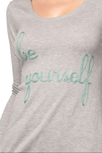 Zen Crewneck Sweater with Embroidery Stitch Detail "Be Yourself" smoke grey