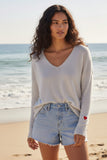 Zen Deep V Pullover Soft and Cozy Sweater Knit light grey heather with red heart embroidery