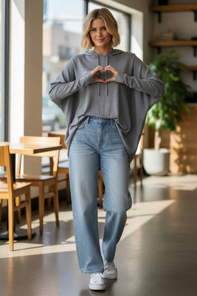 Zen Hoodie Heather Grey Sweater Knit Pullover in Love You More Embroidery