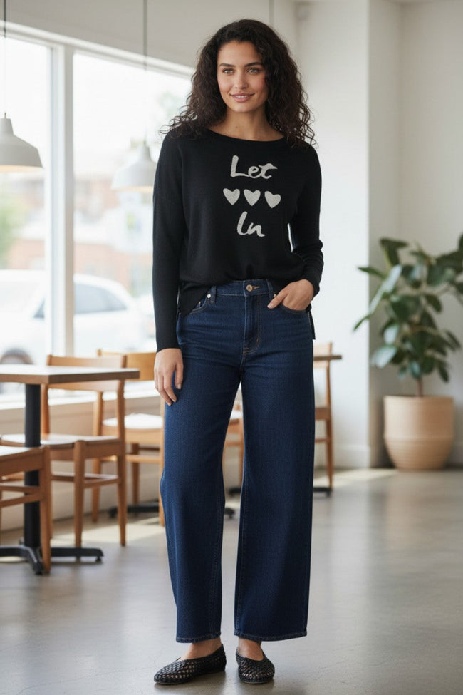 Zen Jane Drop Shoulder Crew  "Let Love In" Embroidery black with light grey