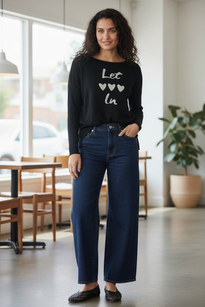 Zen Jane Drop Shoulder Crew  "Let Love In" Embroidery black with light grey