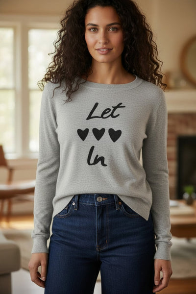 Zen Jane Drop Shoulder Crew  "Let Love In" Embroidery light grey with black