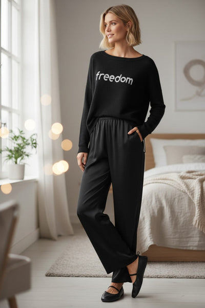 Zen Jane Drop Shoulder Crewneck Zen Sweater in Embroidery Stitch freedom black