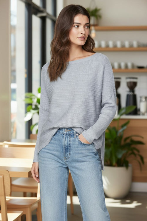 Zen Jess Off Shoulder Horizontal Rib Sweater Knit LT GREY 2