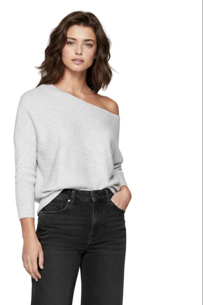 Zen Jess Off Shoulder Horizontal Rib Sweater Knit SURF LT GREY