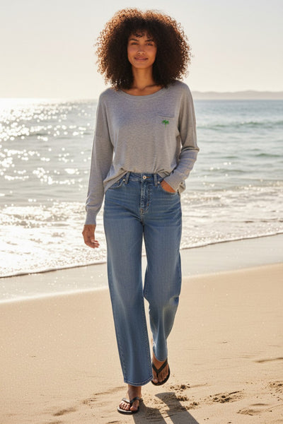 Zen Patricia Pocket Pullover Sweater with Palm Embroidery lt grey with green palm embroidery  2