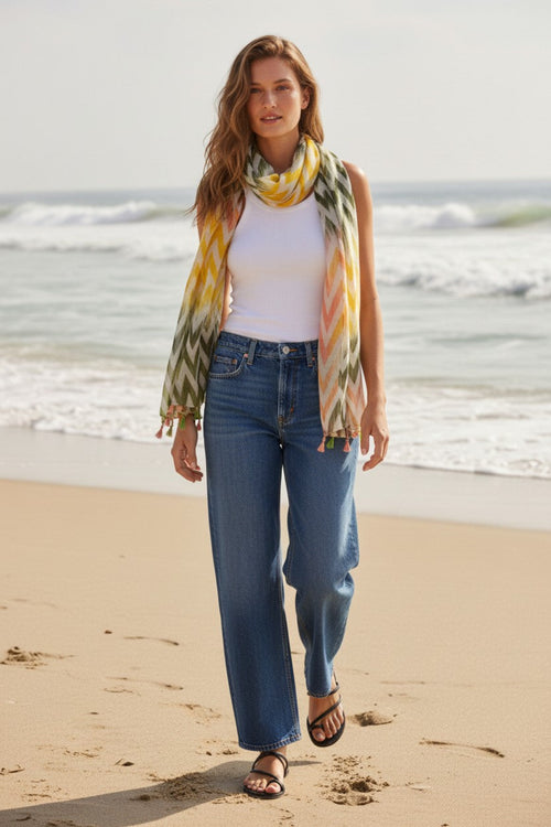 Zig Zags Multi Color Tassel Print Scarf Wrap Sarong