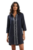 Ziggy 100% Cotton Washed Chambray Button Down Embroidery Shirt Dress Dark Denim Blue with Metallic chambray with white embroidery 3