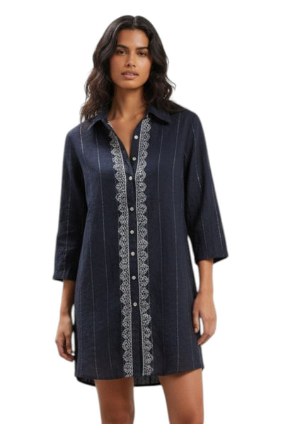 Ziggy 100% Cotton Washed Chambray Button Down Embroidery Shirt Dress Dark Denim Blue with Metallic chambray with white embroidery 3