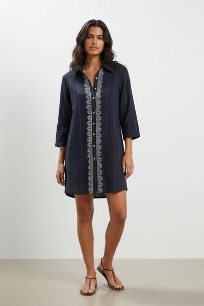 Ziggy_100_Cotton_Washed_Chambray_Button_Down_Embroidery_Shirt_Dress_Dark_Denim_Blue_with_Metallic_chambray_with_white_embroidery_4