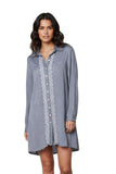 Ziggy 100% Cotton Washed Chambray Button Down Embroidery Shirt Dress charcoal chambray with white embroidery 2