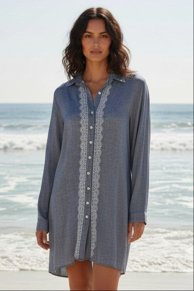 Ziggy 100% Cotton Washed Chambray Button Down Embroidery Shirt Dress charcoal chambray with white embroidery